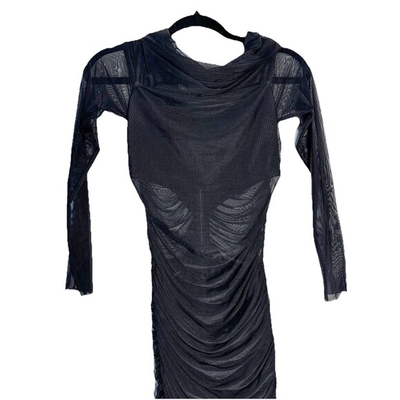 Alice & Olivia Black Mesh Midi Dress Women’s Size 2 Ruched Body-con Off Shoulder - Picture 4 of 9